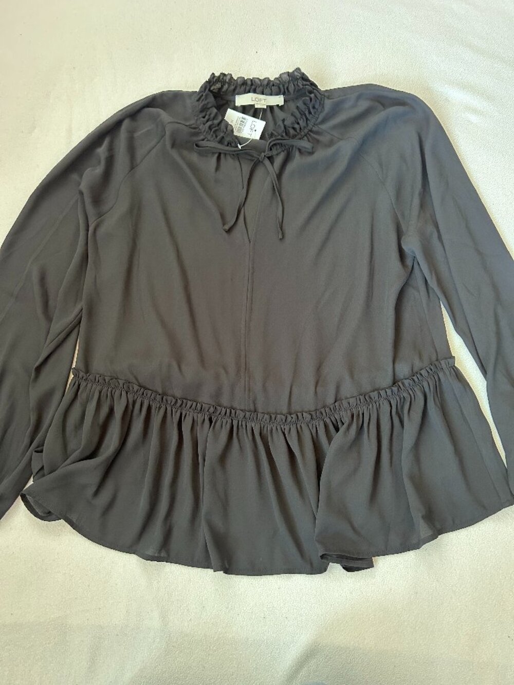 LOFT Ruffle Peplum Blouse | Women's Long Sleeve | NWT | Charcoal Gray